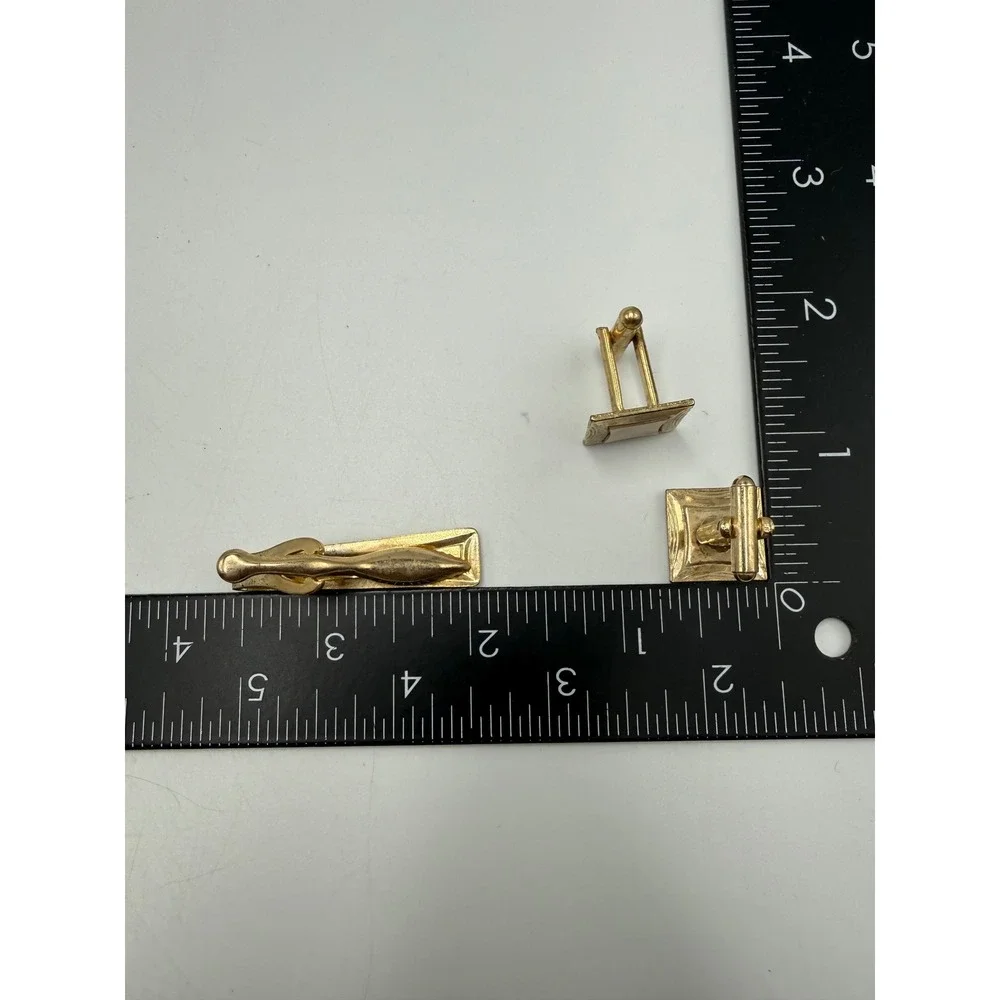 Vintage Gold Tone Cufflinks and Tie Clip Set Square Tan Inlay Mid Century Modern